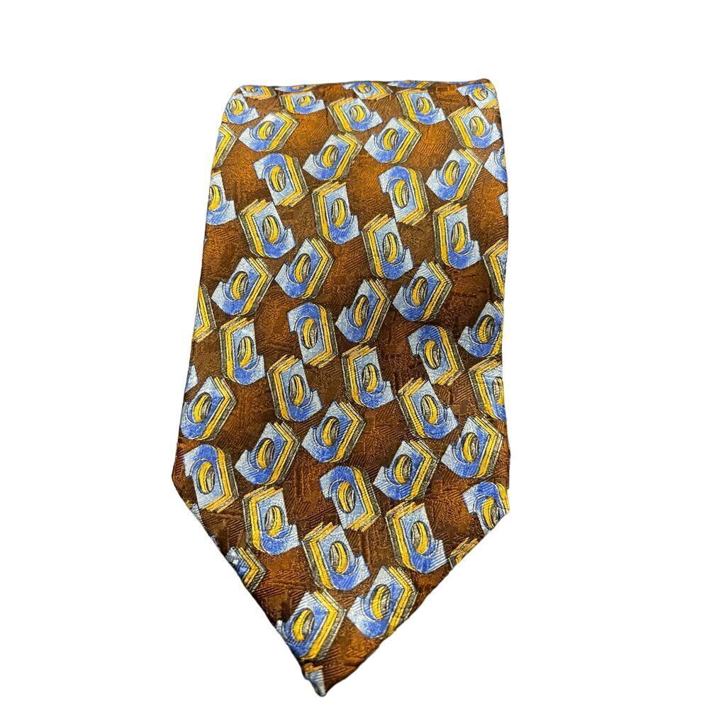 Ermenegildo Zegna Silk Tie Brown Blue Geometric Pattern Luxury Necktie Z-117